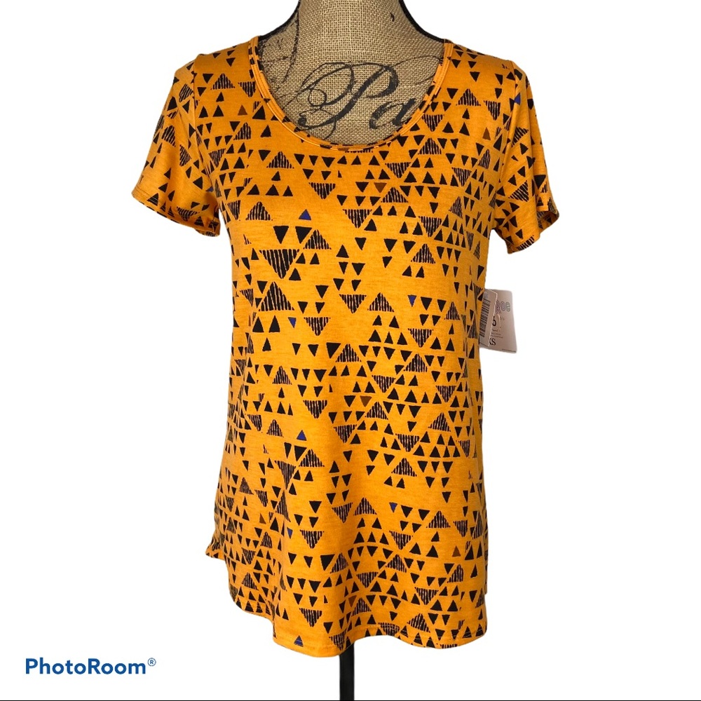 LuLaRoe Classic Tee XS Black Orange Abstract Print Short Sleeve Boho Casual